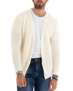 Cardigan Uomo Giacca Con Bottoni Maglioncino Scollo V Maglia Inglese Panna GIOSAL-M2695A