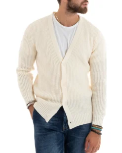 Cardigan Uomo Giacca Con Bottoni Maglioncino Scollo V Maglia Inglese Panna GIOSAL-M2695A