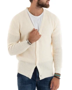 Cardigan Uomo Giacca Con Bottoni Maglioncino Scollo V Maglia Inglese Panna GIOSAL-M2695A
