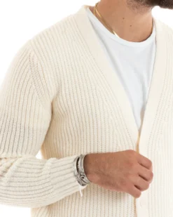 Cardigan Uomo Giacca Con Bottoni Maglioncino Scollo V Maglia Inglese Panna GIOSAL-M2695A