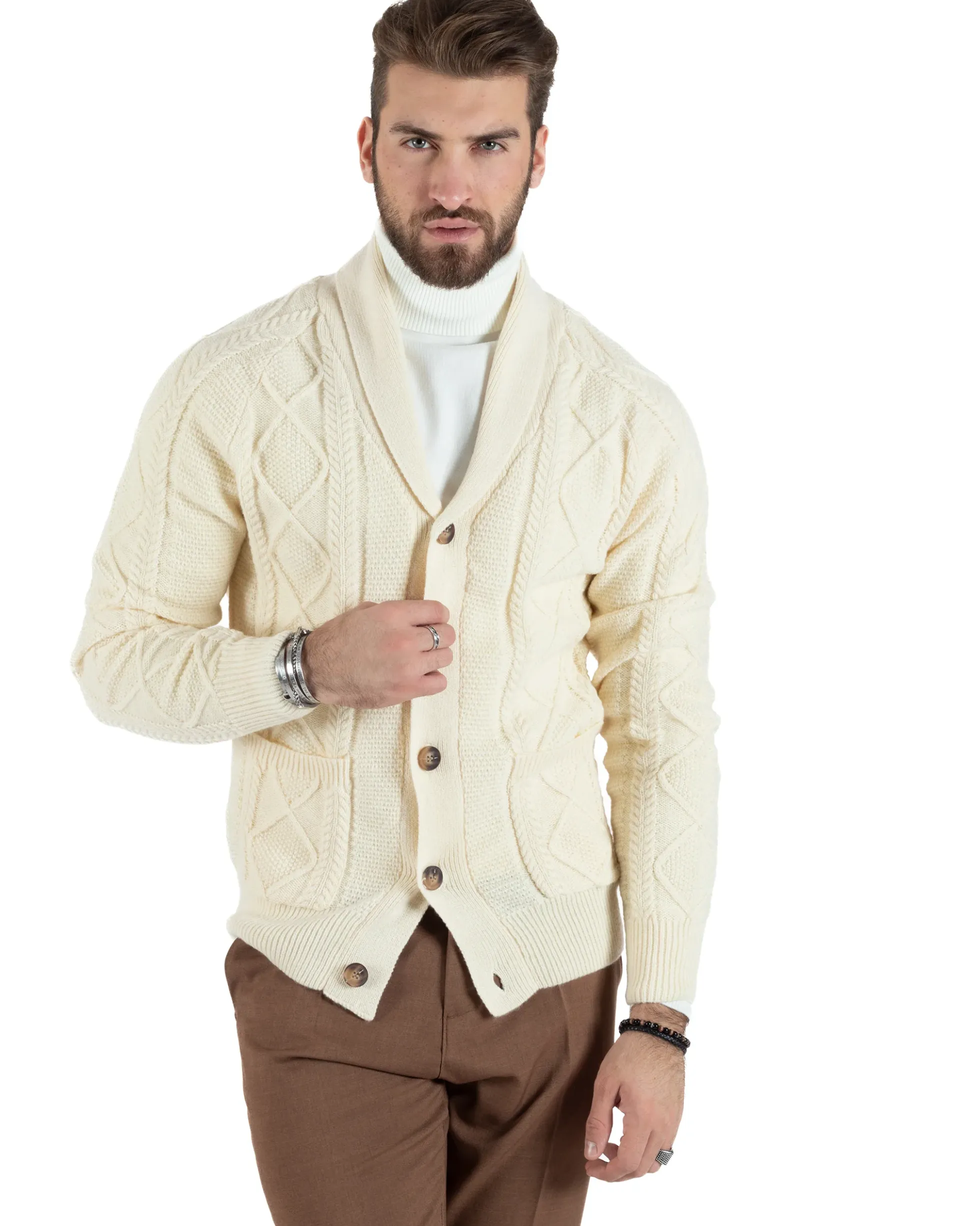 Cardigan Uomo Maglia Collo Sciallato Trecce Panna M2790A