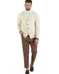 Cardigan Uomo Maglia Collo Sciallato Trecce Panna M2790A
