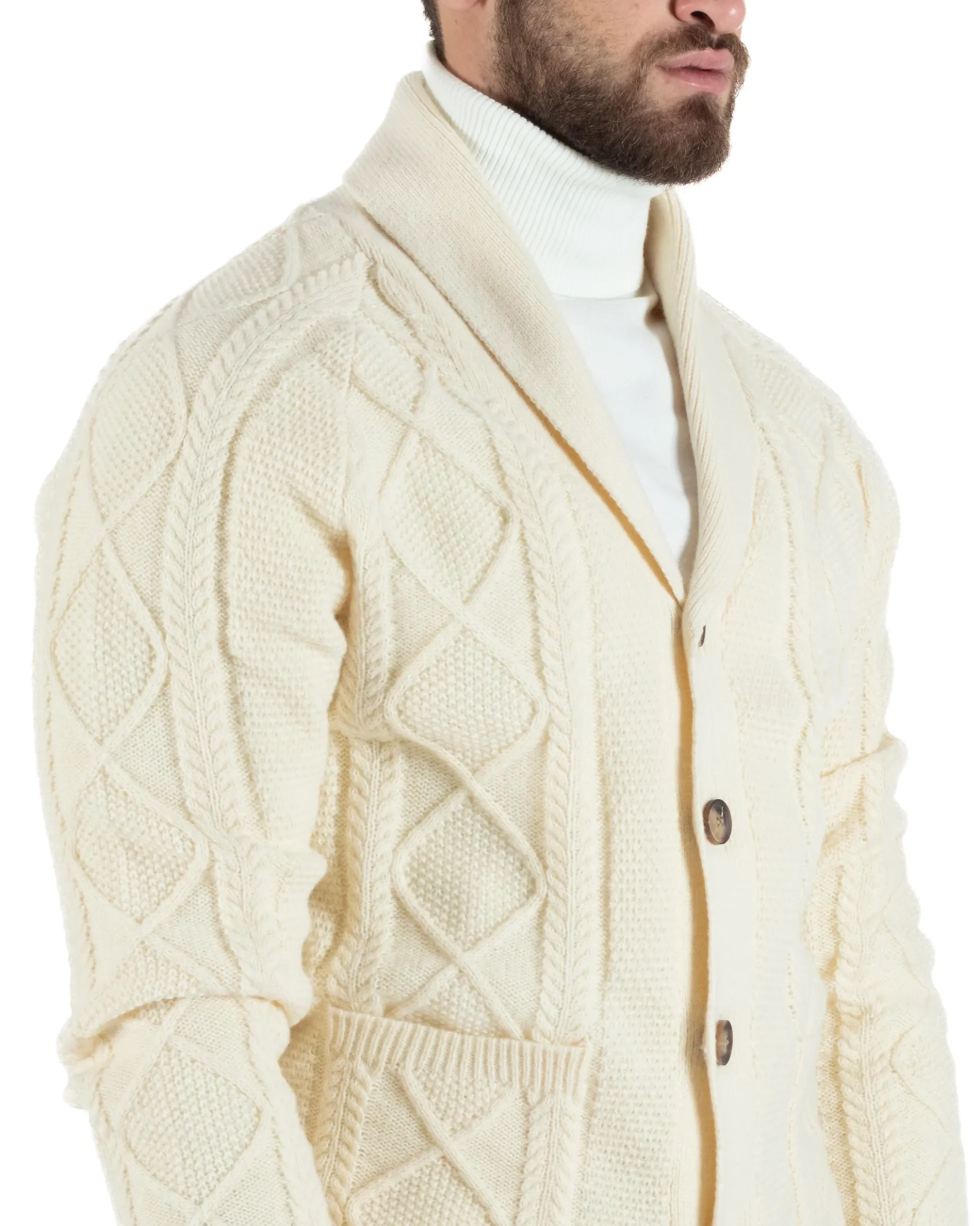 Cardigan Uomo Maglia Collo Sciallato Trecce Panna M2790A