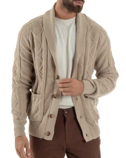 Cardigan Uomo Maglia Collo Sciallato Trecce Beige M3011A