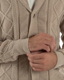 Cardigan Uomo Maglia Collo Sciallato Trecce Beige M3011A