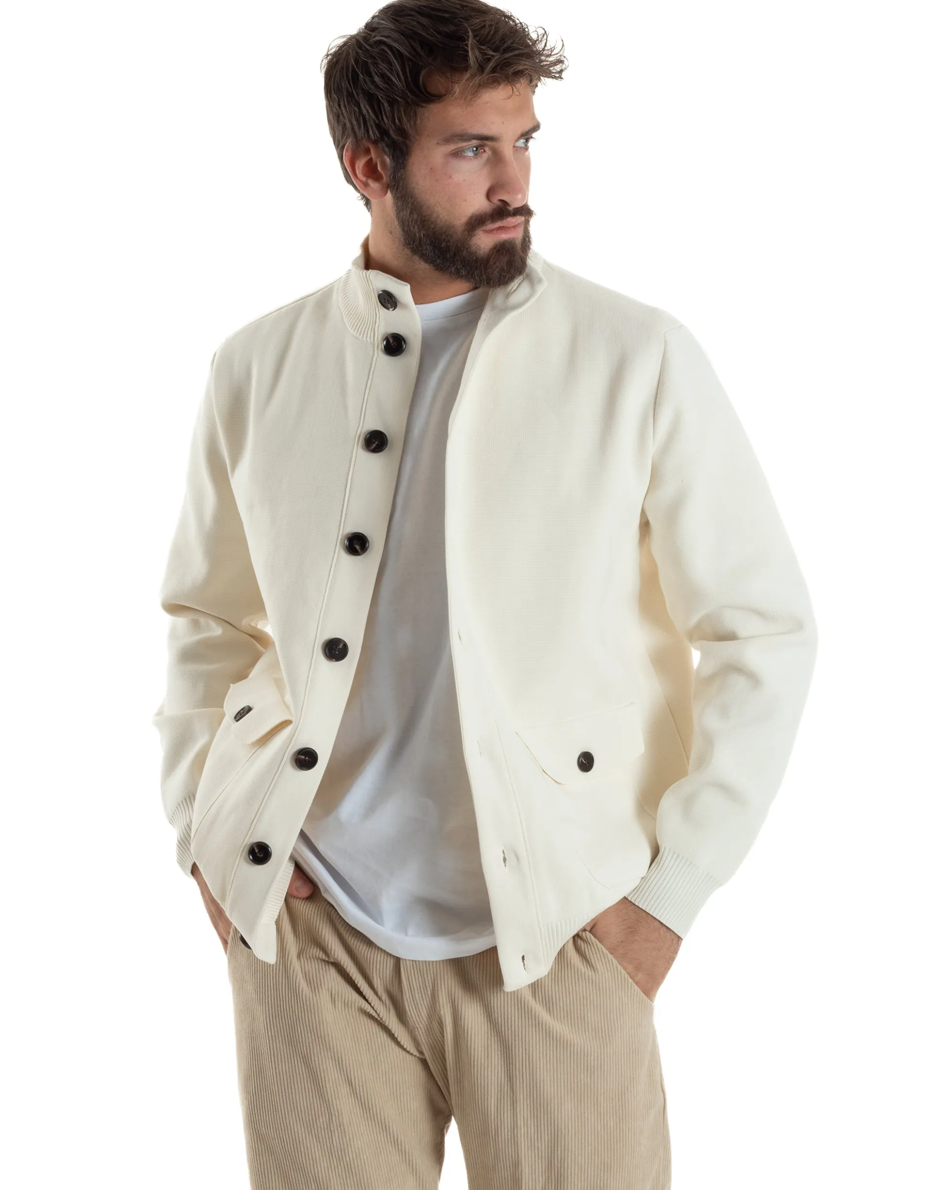 Cardigan Uomo Maglia Con Collo Bottoni Giacca Panna Over-D OE1F2W5M91
