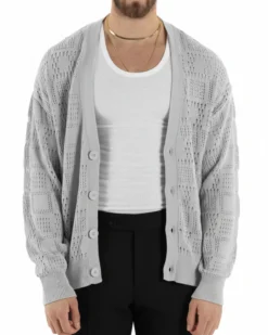 Cardigan Uomo Maglioncino Traforato Giacca Con Bottoni Grigio M2813A