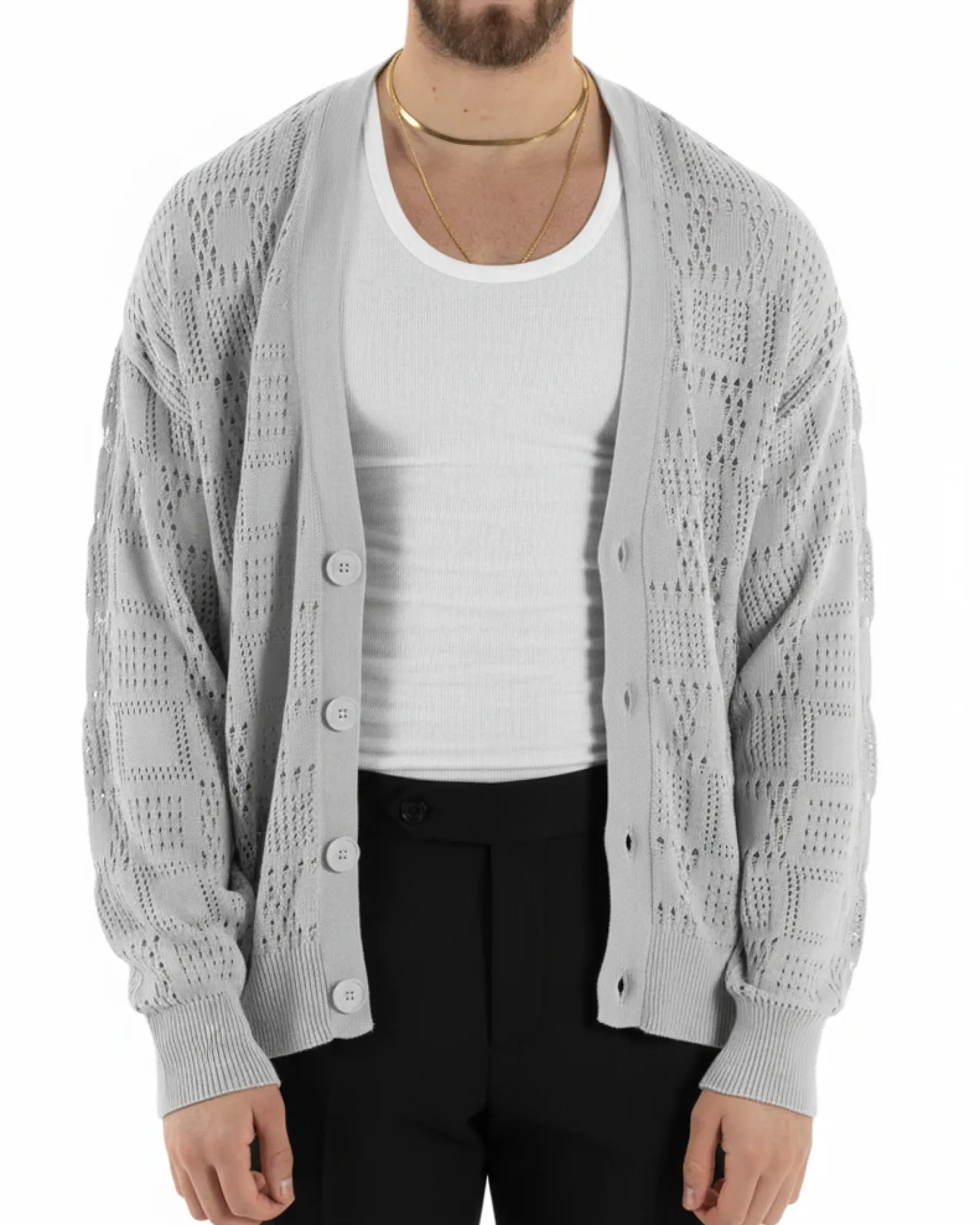 Cardigan Uomo Maglioncino Traforato Giacca Con Bottoni Grigio M2813A