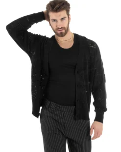 Cardigan Uomo Maglioncino Traforato Giacca Con Bottoni Nero M2812A