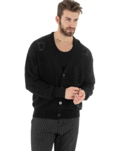 Cardigan Uomo Maglioncino Traforato Giacca Con Bottoni Nero M2812A