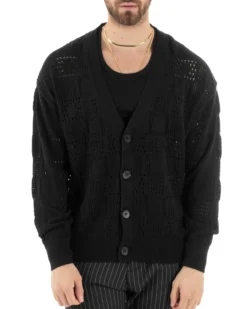Cardigan Uomo Maglioncino Traforato Giacca Con Bottoni Nero M2812A