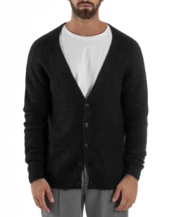 Cardigan Uomo Maglione Lana Relaxed Fit Basic Nero BERNA M252038
