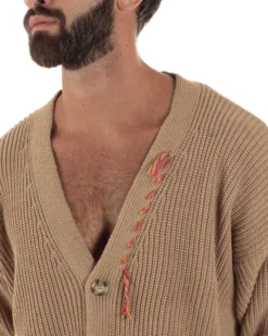 Cardigan Uomo Ricamo Jacquard Maglia Over Scollo V Beige Berna M-252014