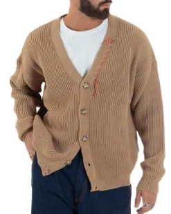 Cardigan Uomo Ricamo Jacquard Maglia Over Scollo V Beige Berna M-252014
