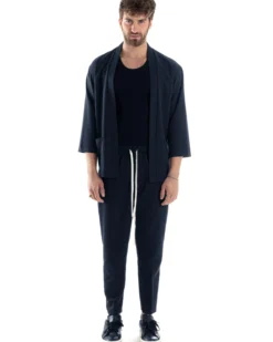 Completo set coordinato uomo giacca kimono pantaloni blu GIOSAL-OU2560A