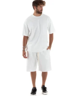 Completo Set Coordinato Uomo Cotone Outfit Basic Casual T-shirt Girocollo Bermuda Con Laccio Pantalaccio Regular Fit Bianco GIOSAL-OU2458A