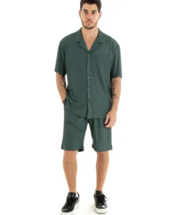 Completo Set Coordinato Uomo Viscosa Plissé Camicia Con Colletto Bermuda Outfit Verde GIOSAL-OU2282A