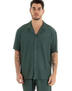 Completo Set Coordinato Uomo Viscosa Plissé Camicia Con Colletto Bermuda Outfit Verde GIOSAL-OU2282A