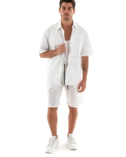 Completo Set Coordinato Uomo Cotone Camicia Con Colletto Bermuda Cargo Outfit Bianco GIOSAL-OU2368A