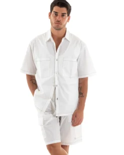Completo Set Coordinato Uomo Cotone Camicia Con Colletto Bermuda Cargo Outfit Bianco GIOSAL-OU2368A