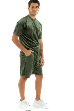Completo Set Coordinato Uomo Ciniglia T-Shirt Bermuda Outfit Verde GIOSAL-OU2361A