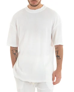 Completo Set Coordinato Uomo Viscosa Plissè T-Shirt Pantaloni Outfit Bianco GIOSAL-OU2286A