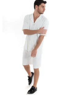 Completo Set Coordinato Uomo Viscosa Plissé Camicia Con Colletto Bermuda Outfit Bianco GIOSAL-OU2284A