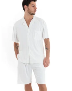 Completo Set Coordinato Uomo Viscosa Plissé Camicia Con Colletto Bermuda Outfit Bianco GIOSAL-OU2284A