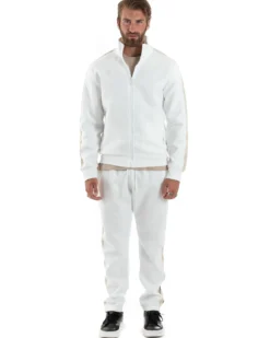 Completo Tuta Uomo Con Bande Laterali Tracksuit Caldo Cotone Felpa Con Zip Pantaloni Con Coulisse Fondo Largo Bicolore Bianco GIOSAL-OU2475A
