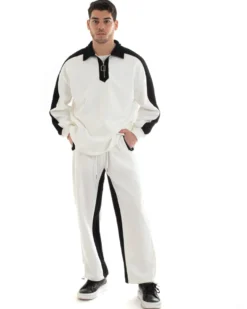 Completo Tuta Uomo Cotone Bianco Oversize Relaxed Fit Felpa Con Colletto Pantaloni GIOSAL-OU2234A