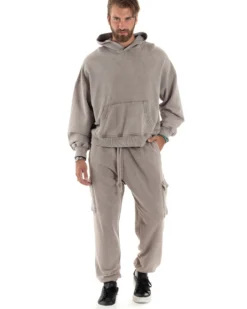 Completo Tuta Uomo Felpa Cappuccio Pantaloni Cargo Cotone Garzato StoneWashed Beige OU2473A