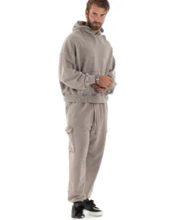 Completo Tuta Uomo Felpa Cappuccio Pantaloni Cargo Cotone Garzato StoneWashed Beige OU2473A