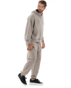 Completo Tuta Uomo Felpa Cappuccio Pantaloni Cargo Cotone Garzato StoneWashed Beige OU2473A