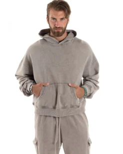 Completo Tuta Uomo Felpa Cappuccio Pantaloni Cargo Cotone Garzato StoneWashed Beige OU2473A