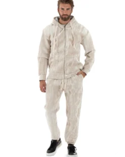 Completo Tuta Uomo Velluto Tracksuit Felpa Con Cappuccio Con Zip Pantaloni Con Coulisse Pantalaccio Panna GIOSAL-OU2479A
