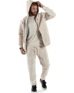 Completo Tuta Uomo Velluto Tracksuit Felpa Con Cappuccio Con Zip Pantaloni Con Coulisse Pantalaccio Panna GIOSAL-OU2479A