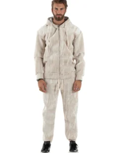 Completo Tuta Uomo Velluto Tracksuit Felpa Con Cappuccio Con Zip Pantaloni Con Coulisse Pantalaccio Panna GIOSAL-OU2479A