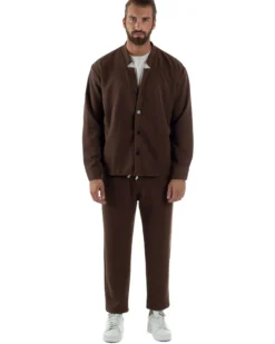 Coordinato Camicia Scollo V Pantaloni Viscosa Casual Marrone OU2534A