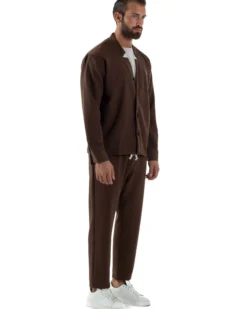 Coordinato Camicia Scollo V Pantaloni Viscosa Casual Marrone OU2534A