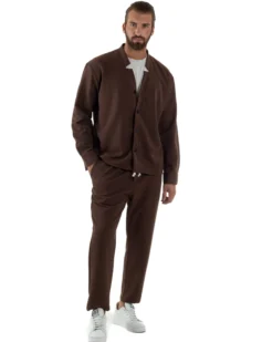 Coordinato Camicia Scollo V Pantaloni Viscosa Casual Marrone OU2534A