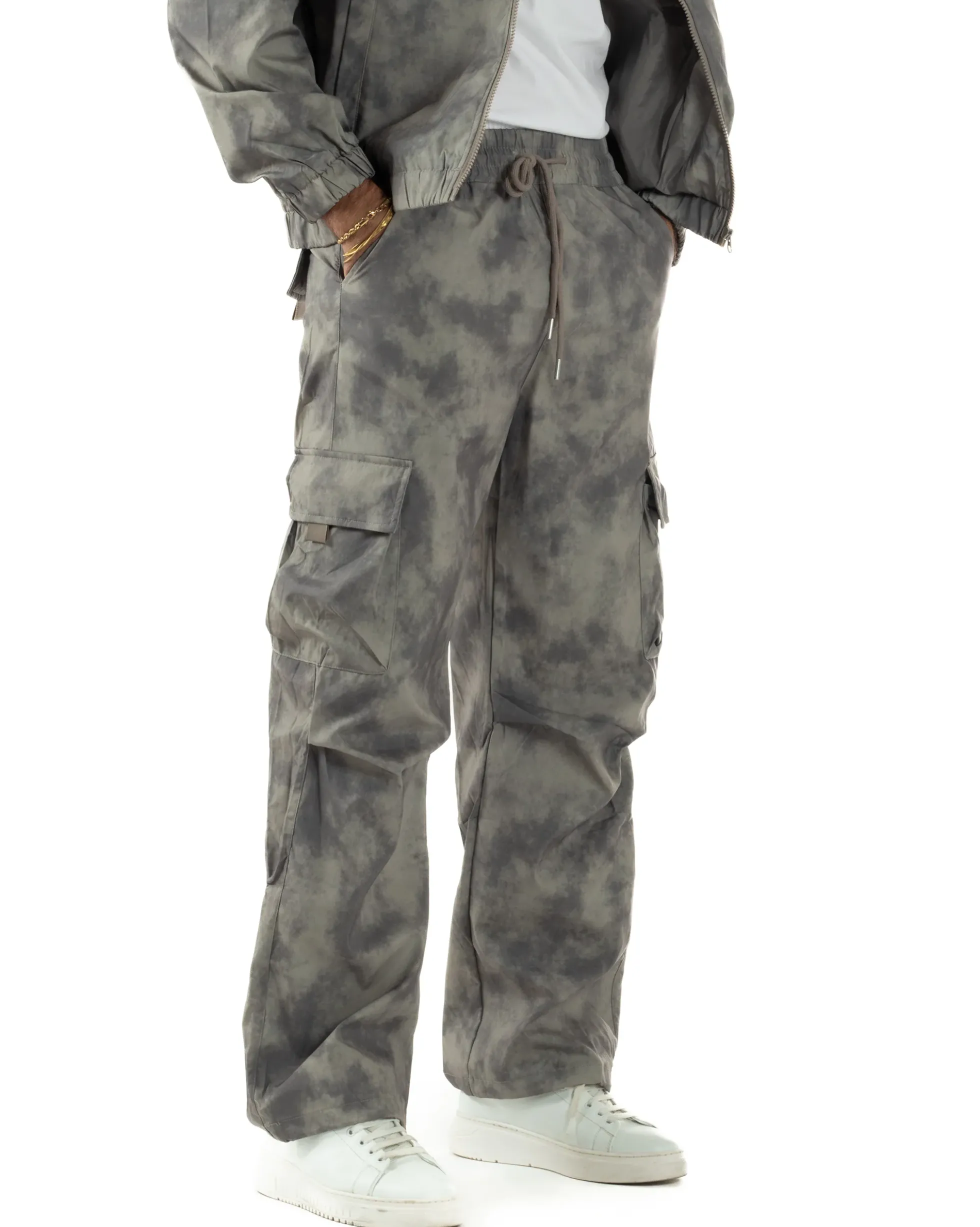 Coordinato Tuta Giacca Giubbotto Pantaloni Baggy Cargo Tie Dye Verde OU2530A