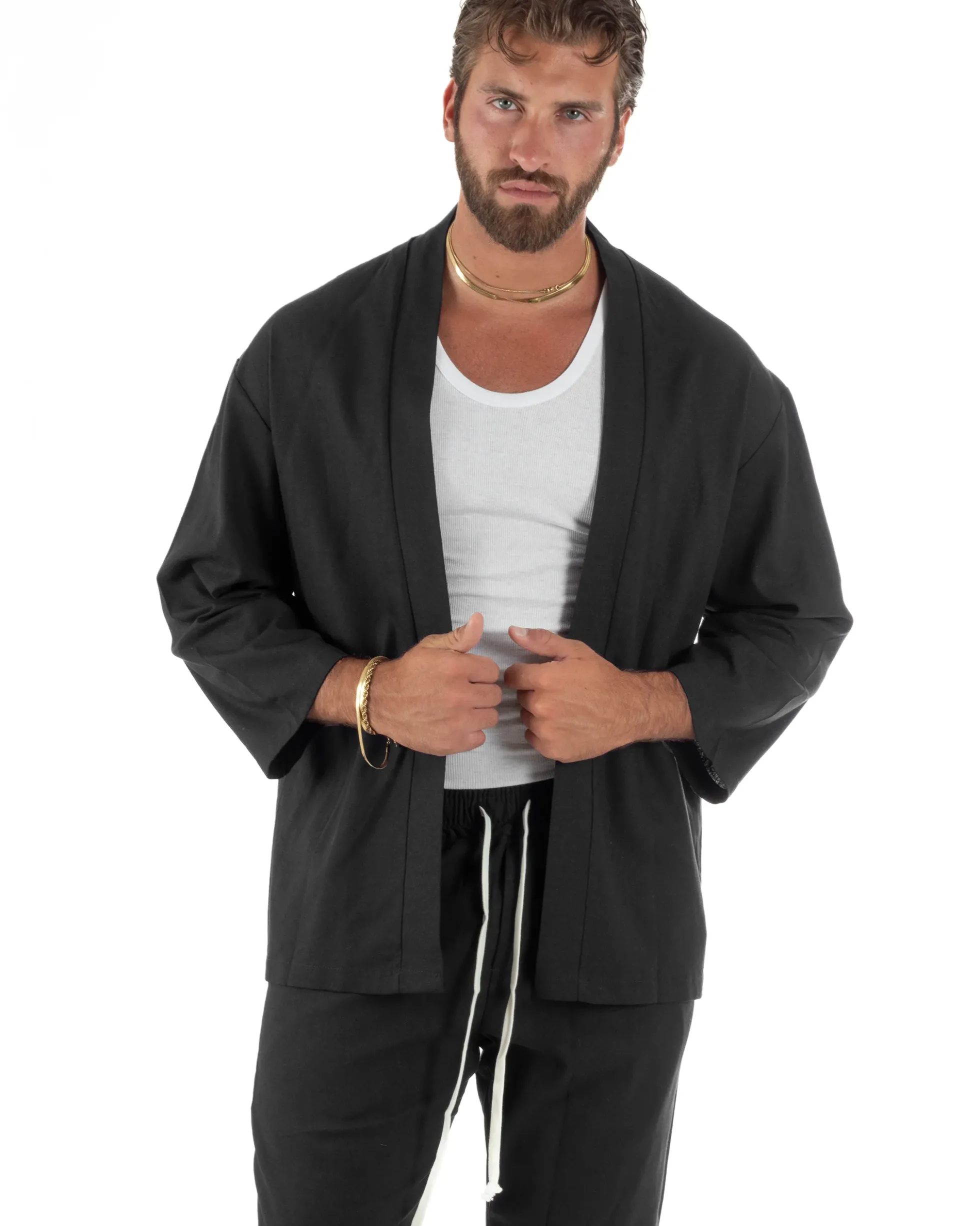 Coordinato uomo completo lino giacca kimono nero GIOSAL-OU2567A