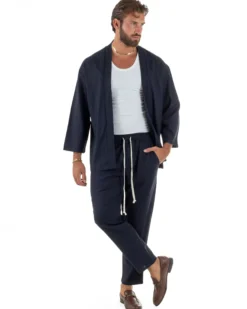 Coordinato uomo completo lino giacca kimono blu GIOSAL-OU2566A