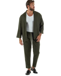 Coordinato uomo completo lino giacca kimono verde GIOSAL-OU2565A