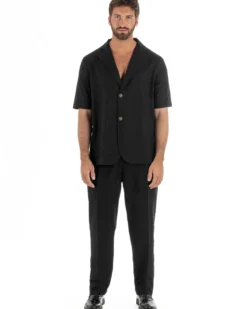 Coordinato uomo completo lino camicia maniche corte pantaloni relaxed fit nero GIOSAL-OU2556A
