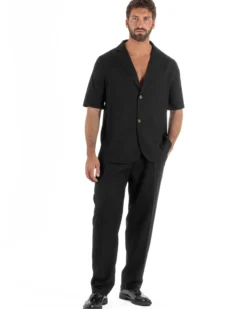 Coordinato uomo completo lino camicia maniche corte pantaloni relaxed fit nero GIOSAL-OU2556A