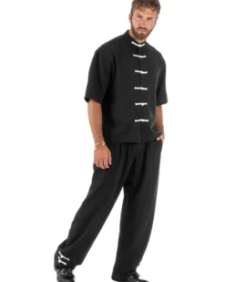 Coordinato uomo completo relaxed camicia coreana orientale pantaloni con coulisse nero GIOSAL-OU2562A