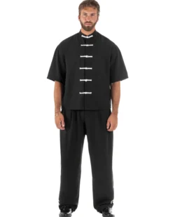 Coordinato uomo completo relaxed camicia coreana orientale pantaloni con coulisse nero GIOSAL-OU2562A