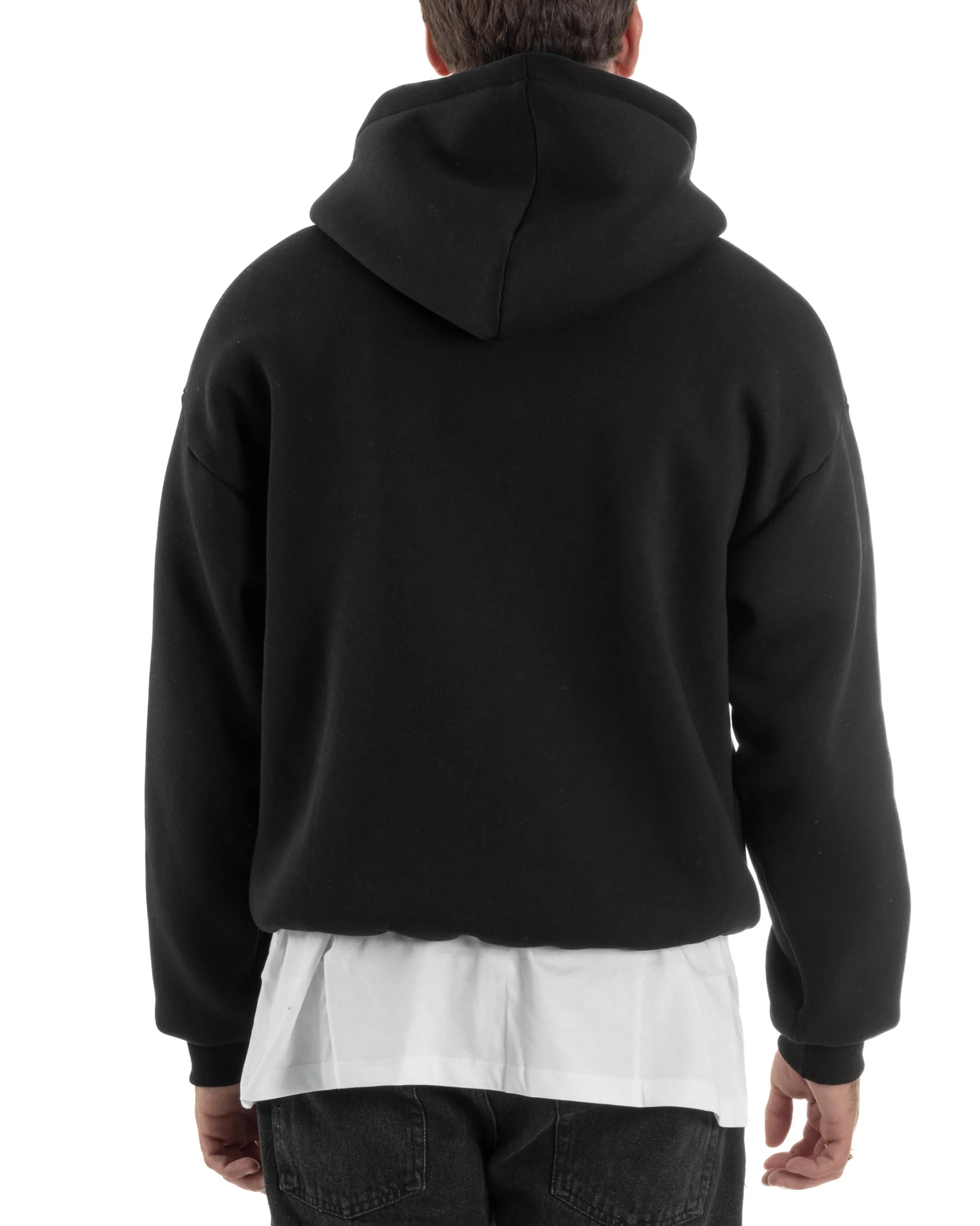 Felpa Boxy Fit Cappuccio E Zip Basic Felpata Nero F3061A