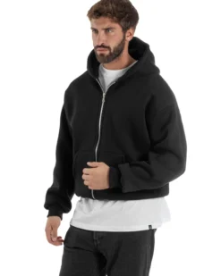 Felpa Boxy Fit Cappuccio E Zip Basic Felpata Nero F3061A